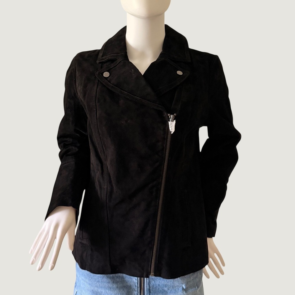NEW Isaac Mizrahi Live Womens Black Suede Moto Jacket Floral Lining Size 8
